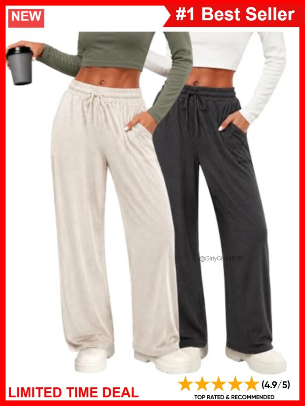Ribbed Knit Wide Leg Lounge Pants Drawstring Pull On Trousers Pockets